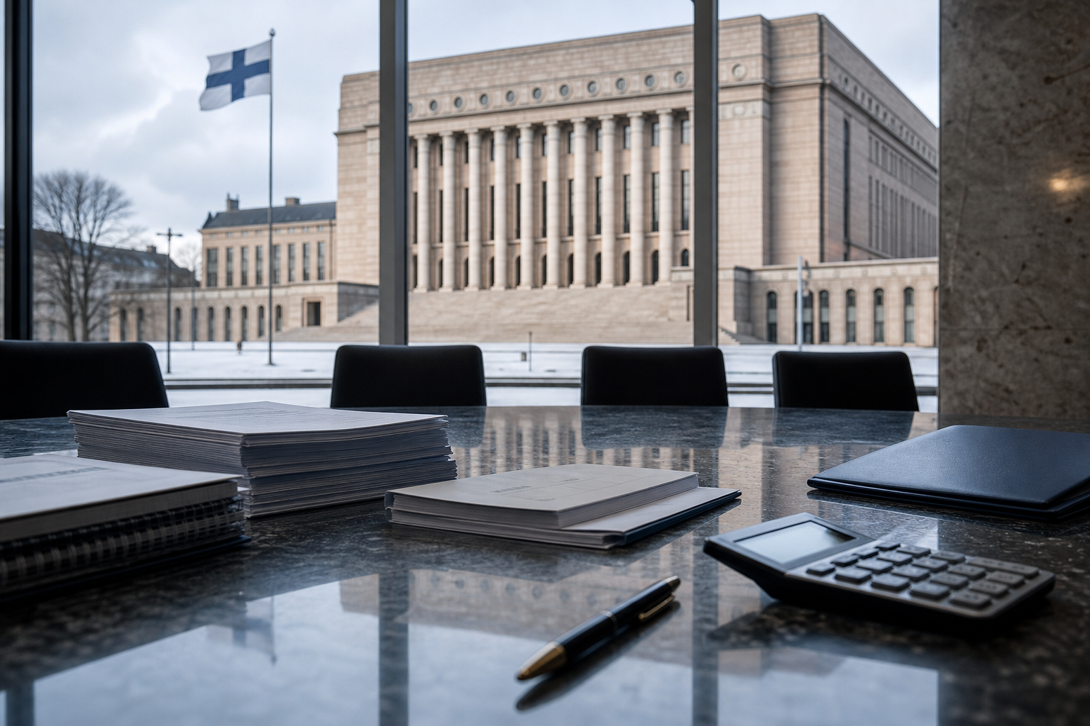 Valtion talousasiakirjoja ja laskin kokouspöydällä hallintorakennuksen edustalla.