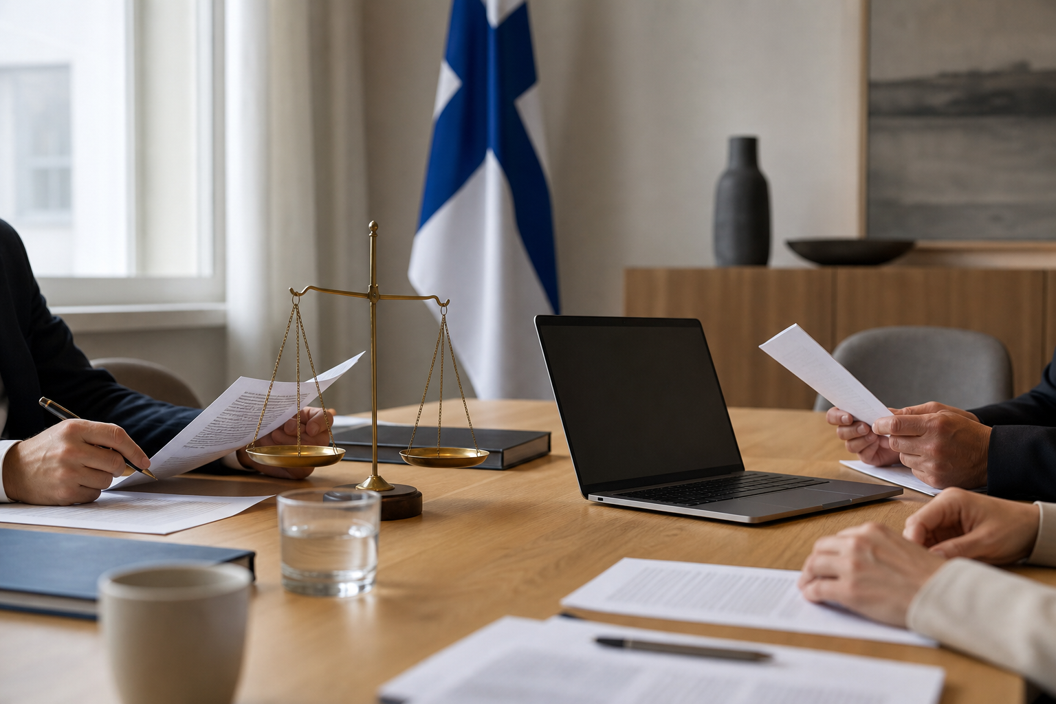 Virkamaiset asiakirjat ja vaaka neuvottelupöydällä symboloivat kilpailuneutraliteetin arviointia.