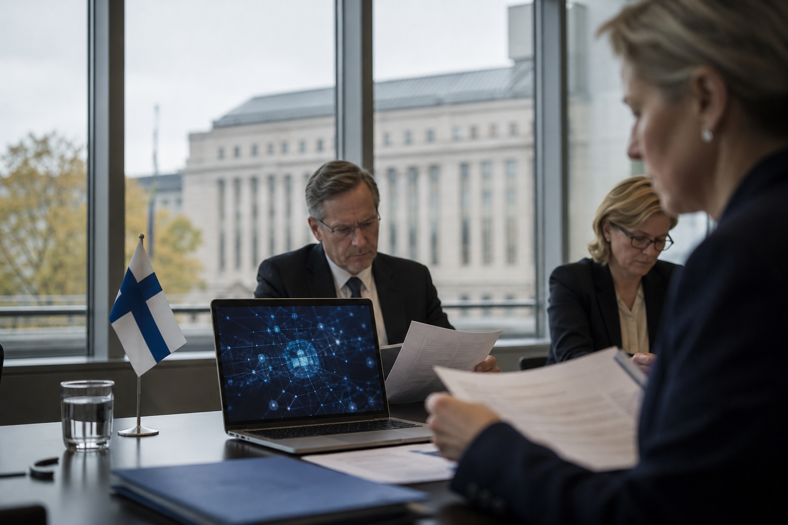 Viranomaismainen kokoustila, jossa käsitellään kyberturvallisuuteen viittaavia asiakirjoja ja tietokonetta.