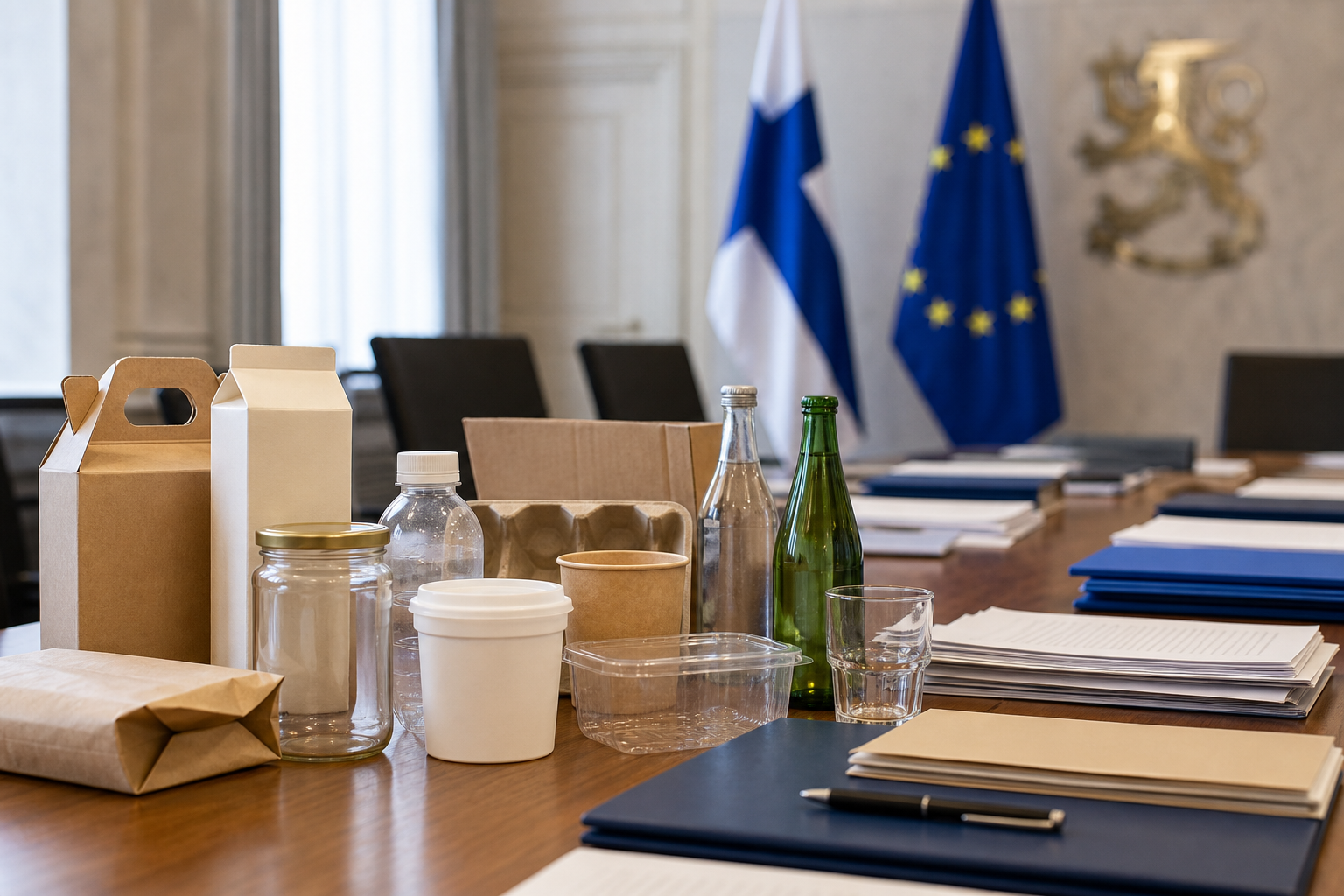 Kierrätettäviä pakkauksia ja asiakirjoja ministeriömäisellä kokouspöydällä.