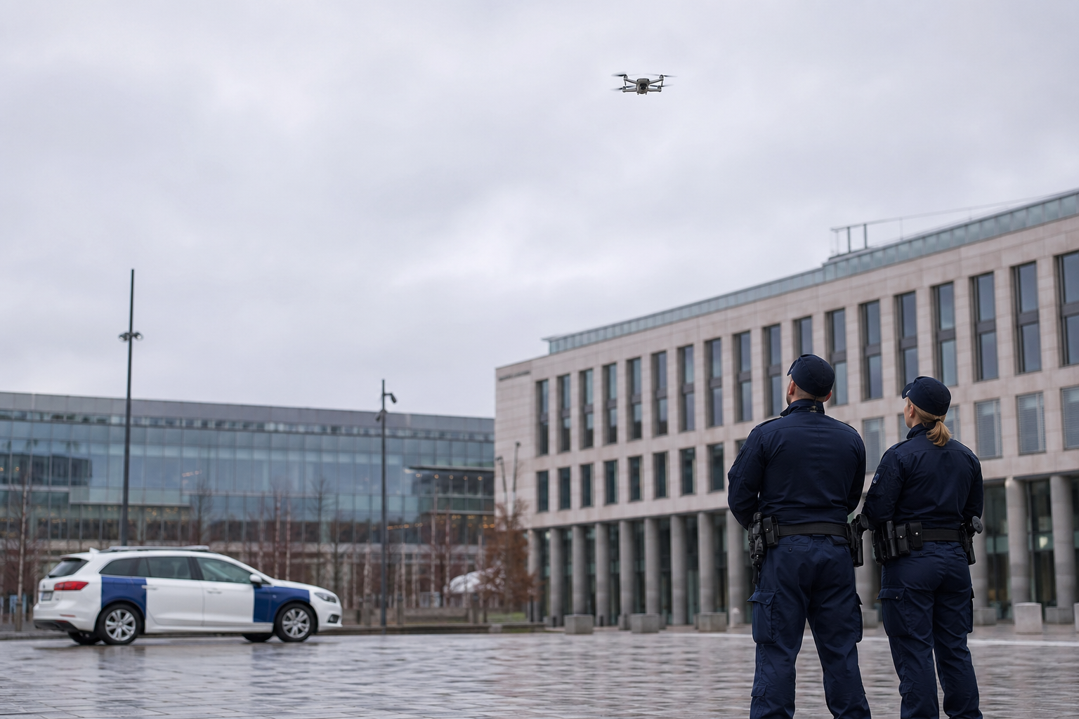 Droonin siluetti leijuu viranomaisrakennusten yllä poliisiauton näkyessä taustalla.