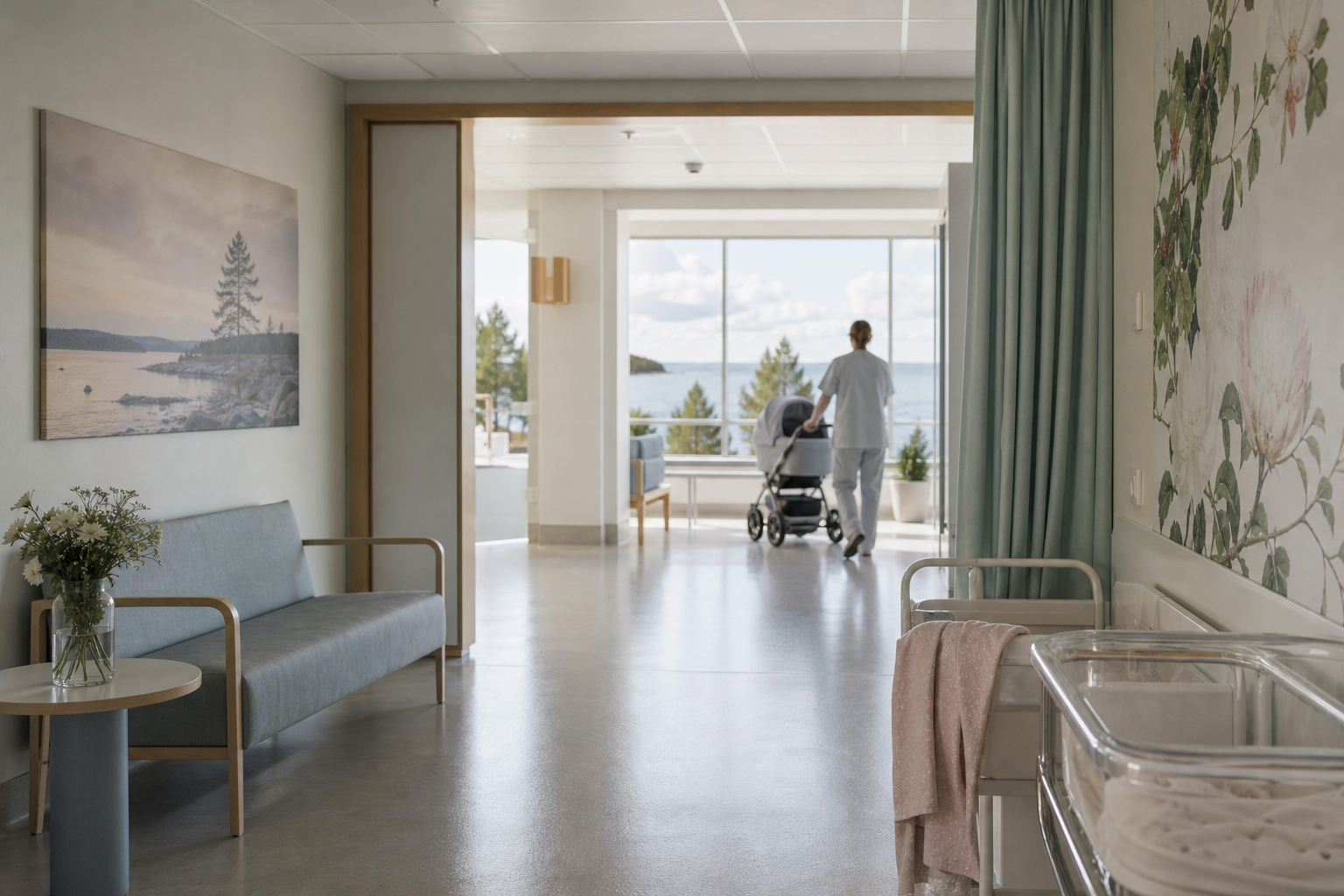 Rauhallinen sairaalakäytävä ja lastenvaunut symboloivat synnytysten hoidon järjestämistä.