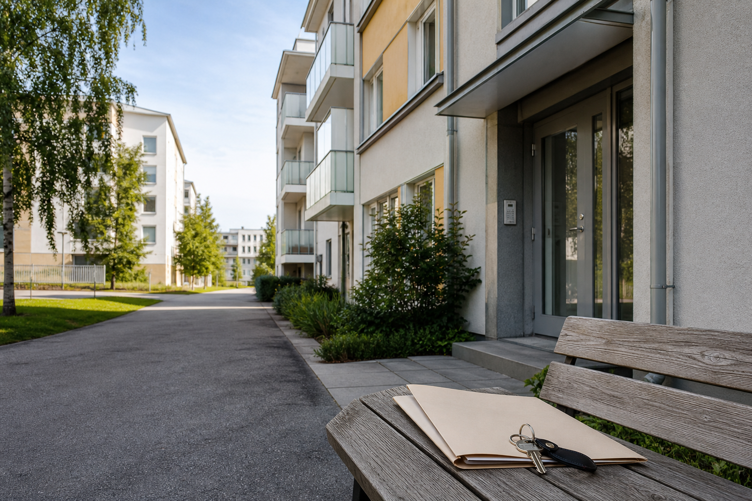 Kerrostalon sisäänkäynti, avaimet ja asiakirjakansio kuvaavat vuokra-asuntojen käytön sääntelyä.