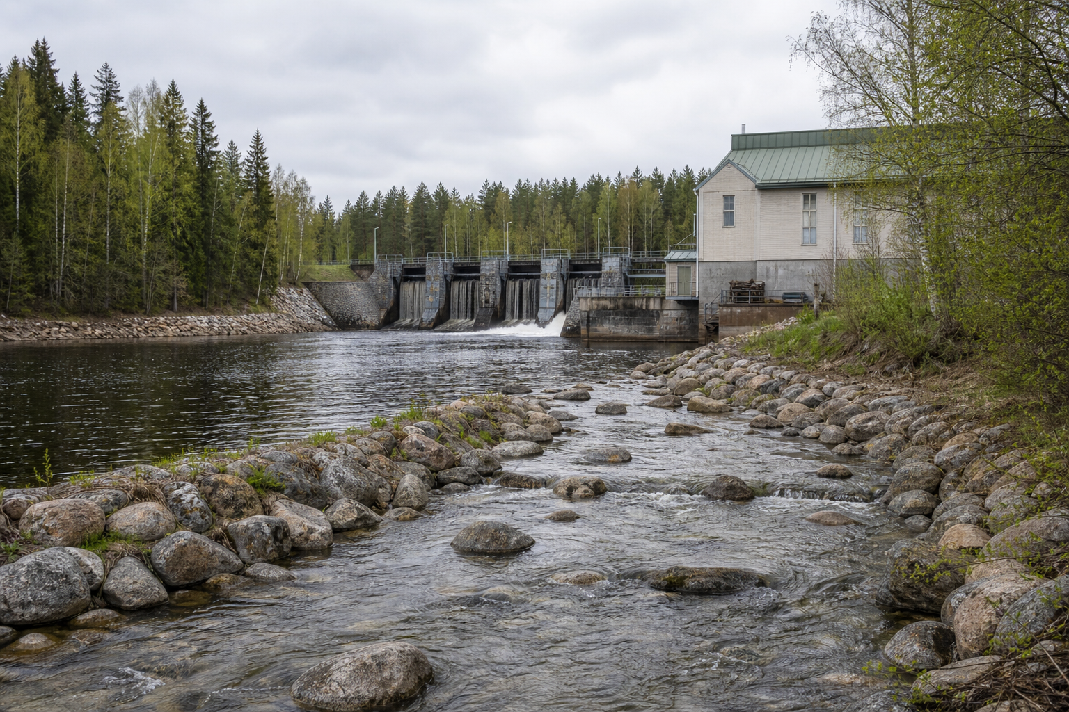 Vanha vesivoimalaitos joen varrella ja kalojen kulkua muistuttava kivikkoinen uoma etualalla.