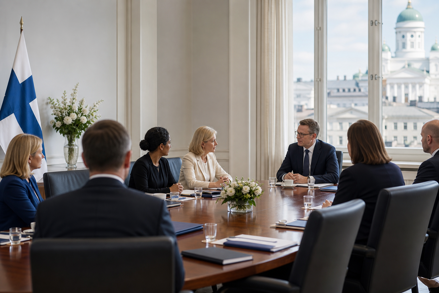 Kokoushuoneessa keskustellaan asiakirjojen äärellä julkishallinnon valmistelutyöstä.