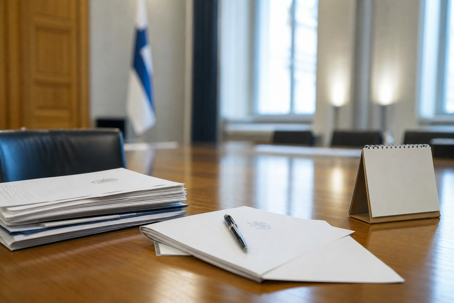 Viranomaisasiakirjoja ja kalenteri valtionhallinnon neuvottelupöydällä.