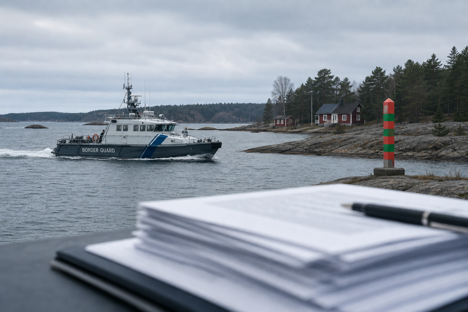 Rajavartiolaitoksen alus merellä ja etualalla epätarkkoja lakiasiakirjoja harmaassa saaristomaisemassa.