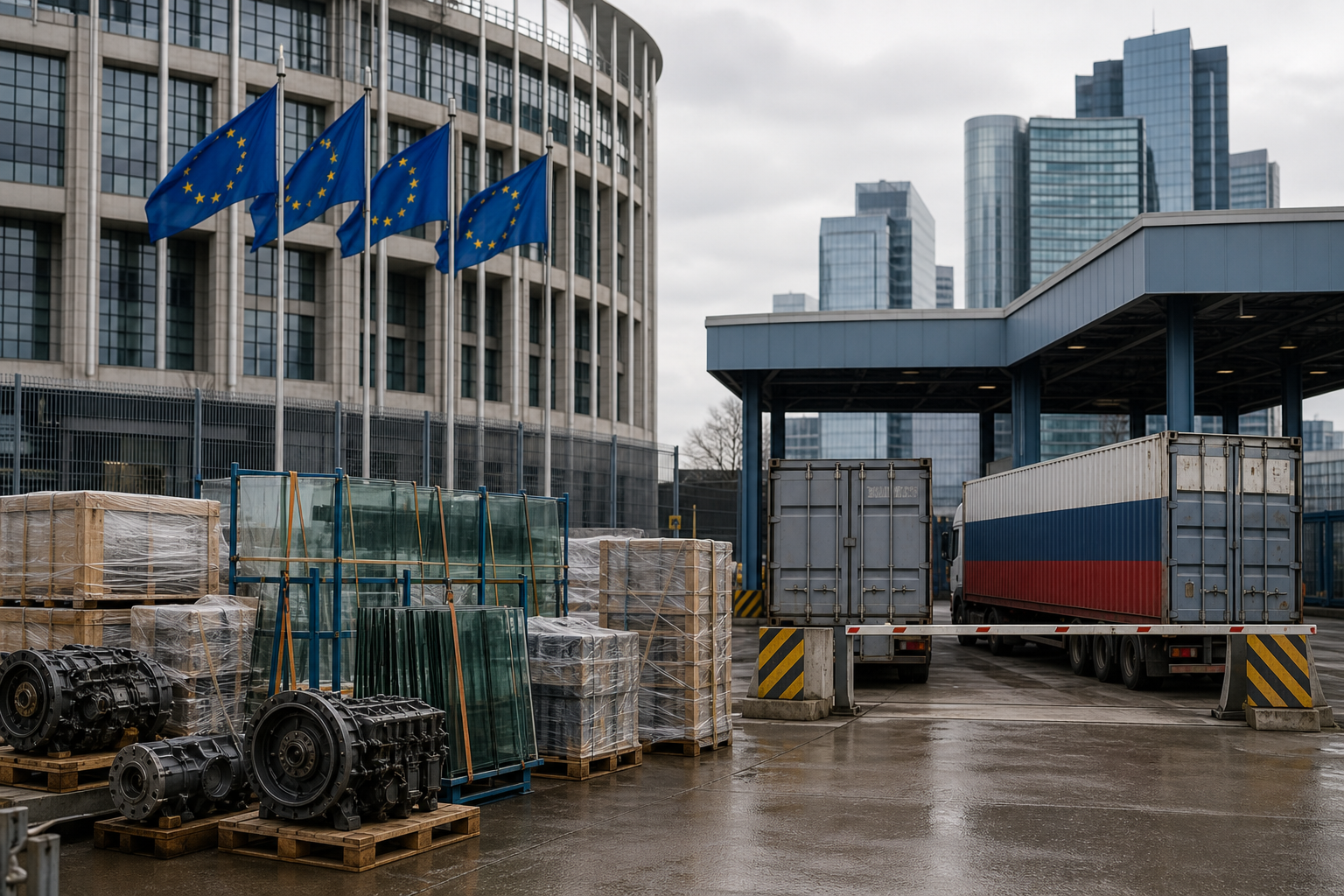 EU-liput, rahtikontteja ja teollisuustuotteita tullialueella pakotteita kuvaavassa uutiskuvassa.