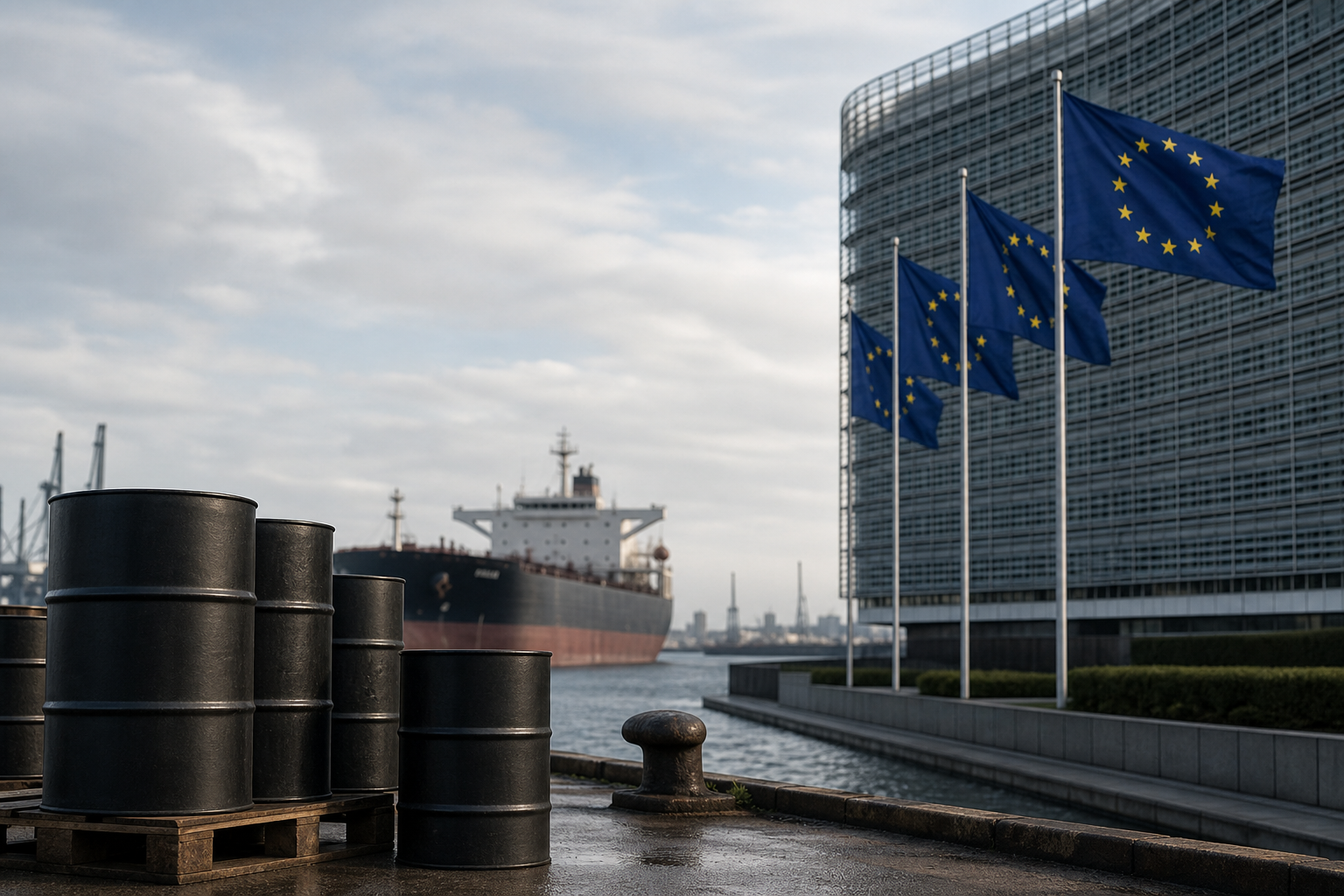 Öljytynnyreitä eurooppalaisessa satamassa, taustalla tankkeri, EU-lippuja ja moderni hallintorakennus.