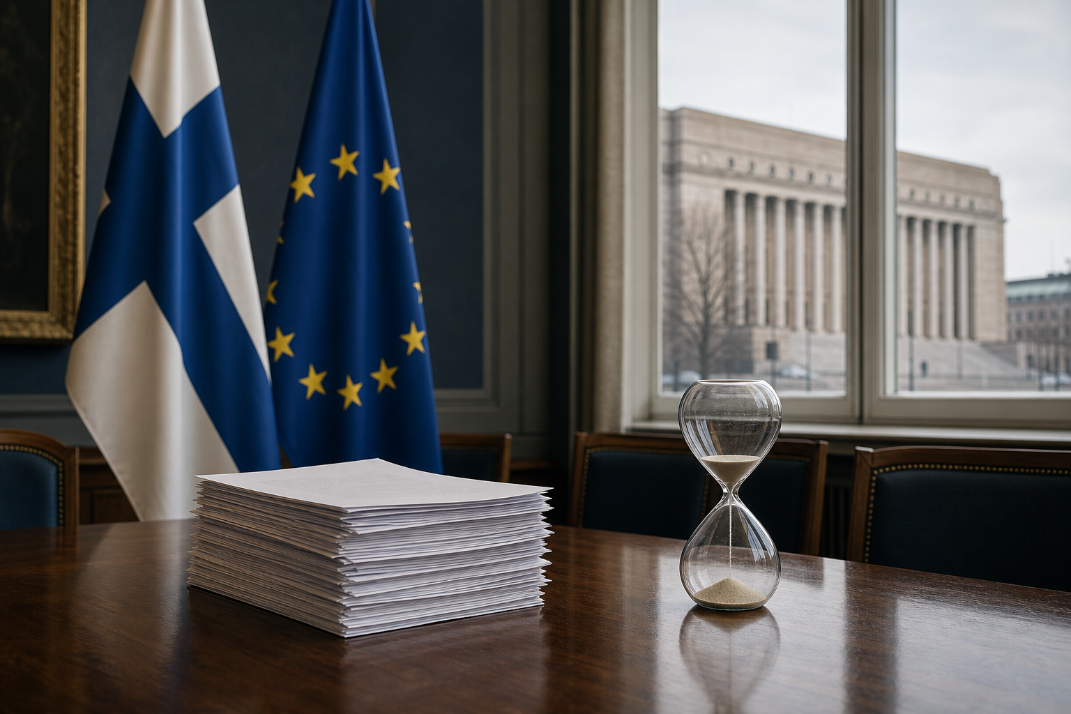 Suomen ja EU:n liput, lakipaperipino ja tiimalasi institutionaalisessa kokoushuoneessa.