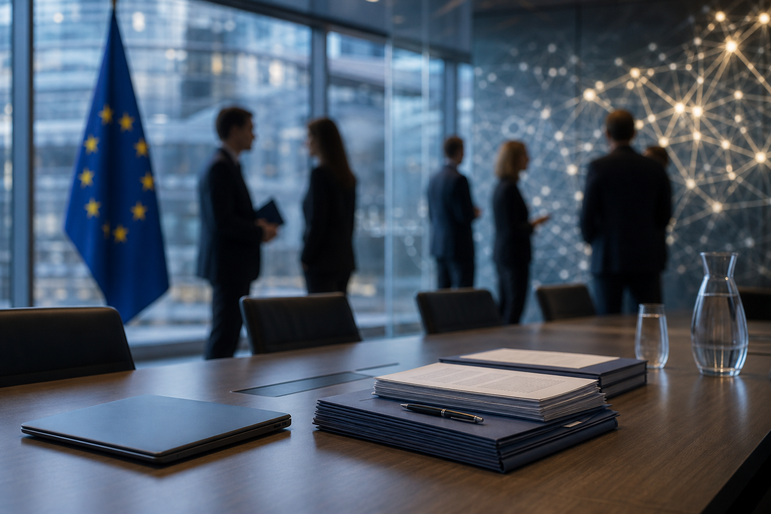 EU-lippu, asiakirjoja ja kannettava tietokone kokouspöydällä symboloivat tekoälymallien sääntelyä.