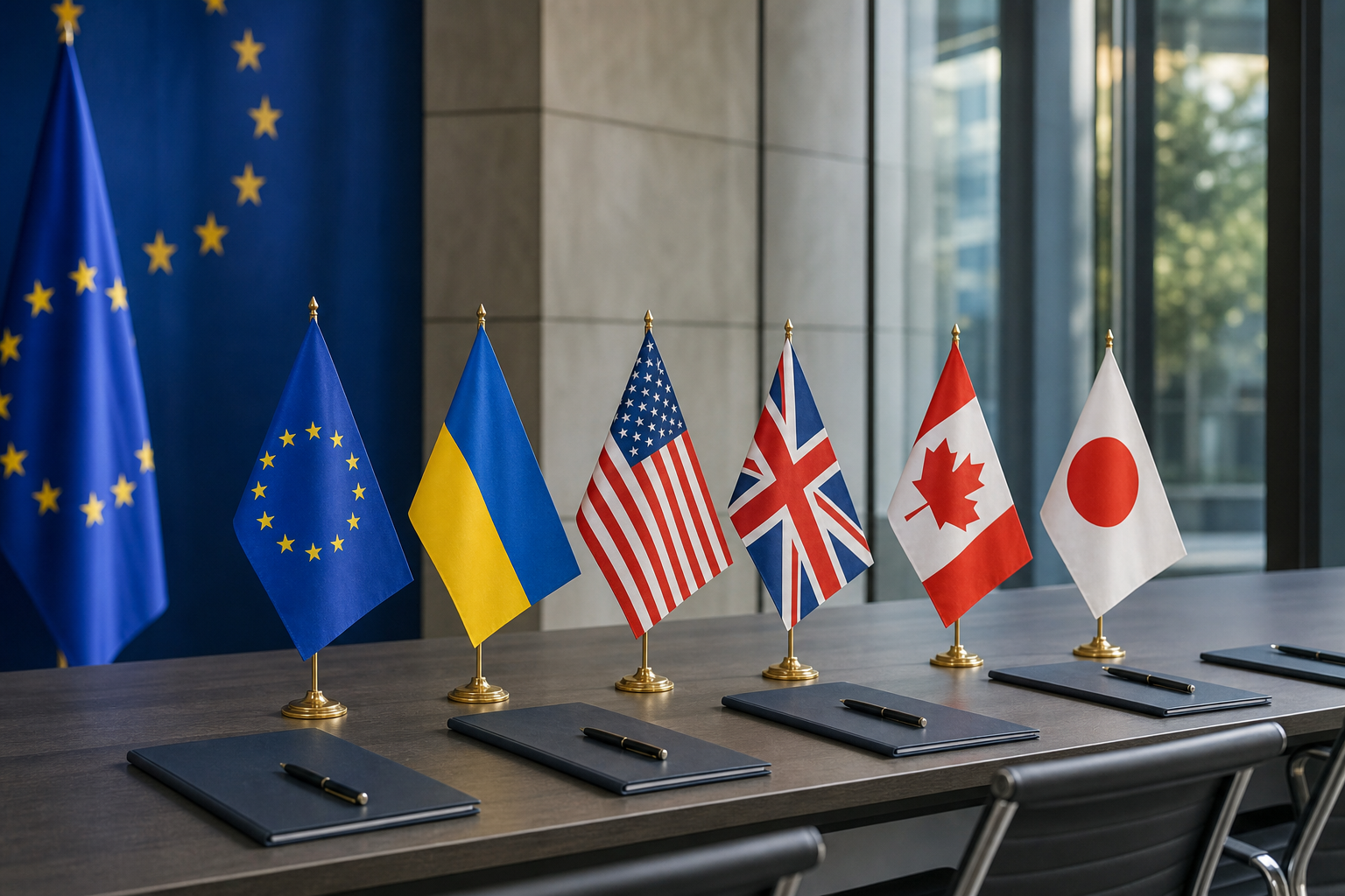 EU:n, Ukrainan, Yhdysvaltojen, Britannian, Kanadan ja Japanin pöytäliput kokouspöydällä.