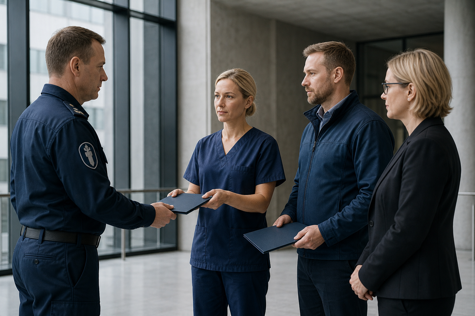 Poliisin sekä sote- ja infrastruktuurialan edustajat vaihtavat suljettua asiakirjakansiota virastoympäristössä.