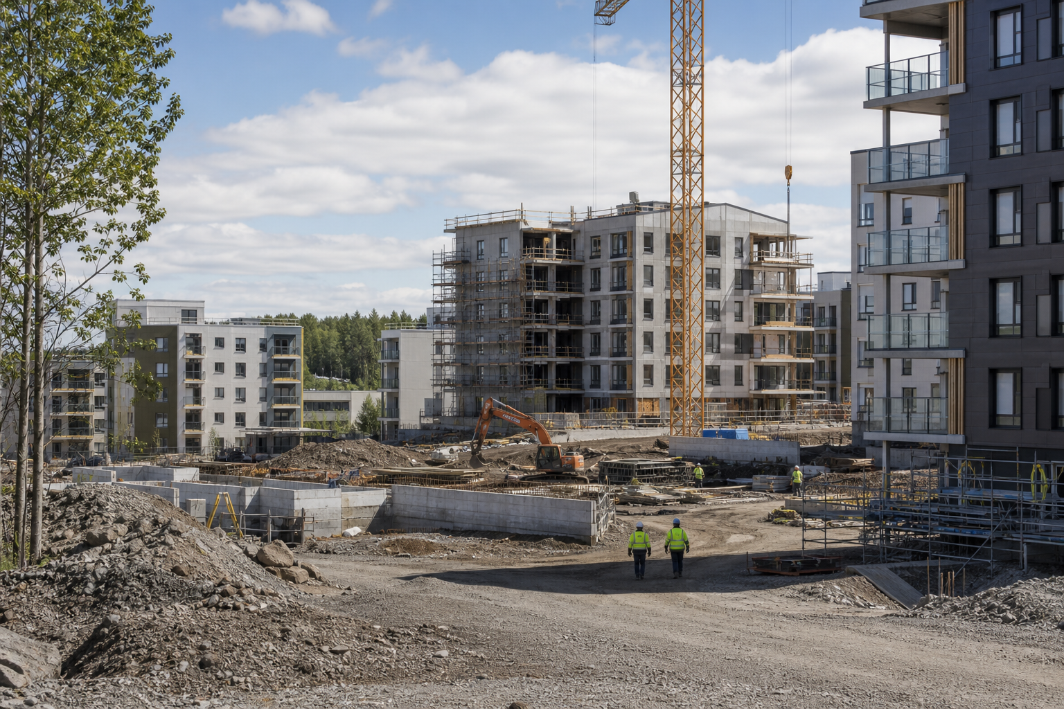 Nostureita, rakennustelineitä ja rakenteilla olevia kerrostaloja suomalaisella työmaalla.