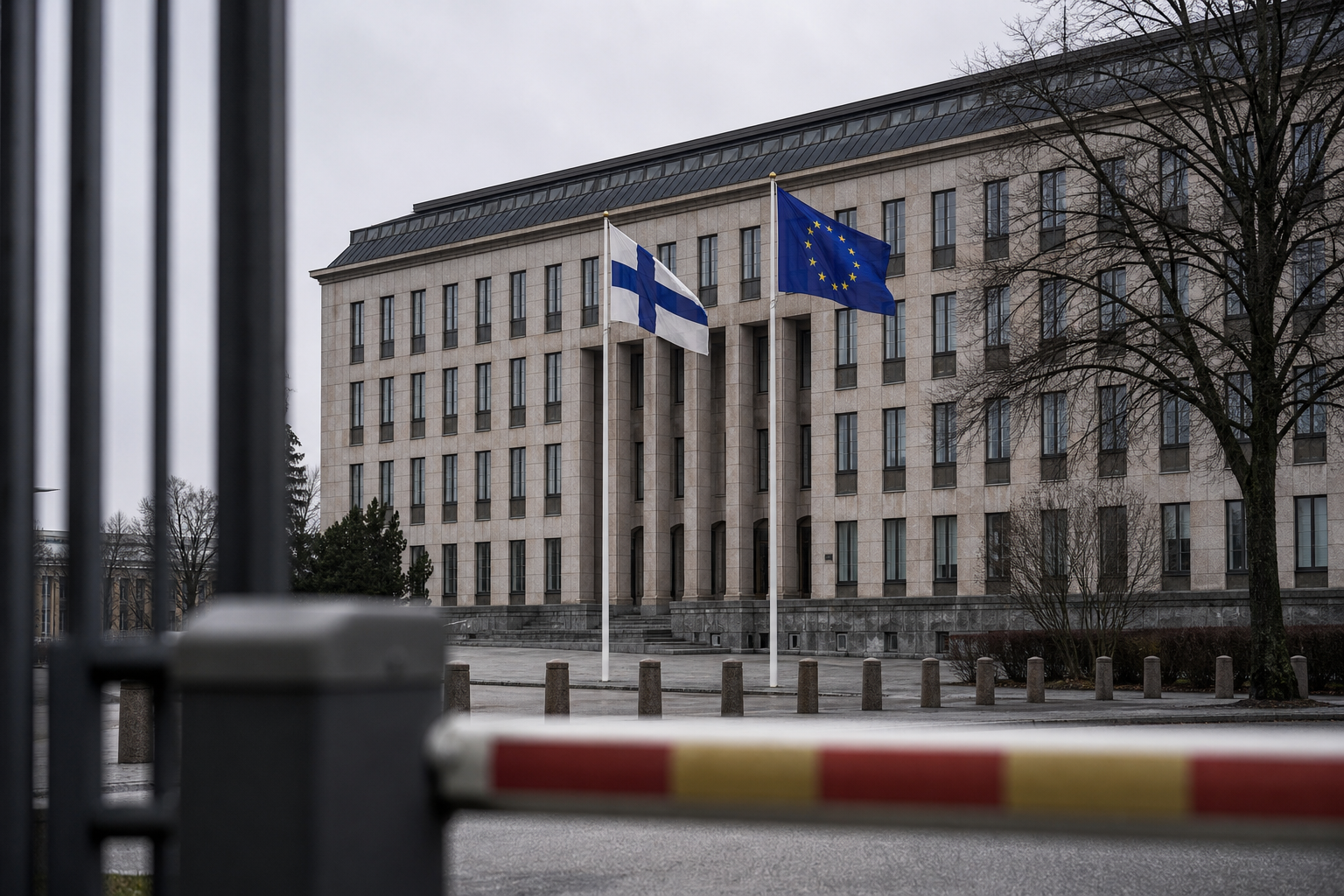 Sisäministeriön rakennus sekä Suomen ja EU:n liput sumean rajapuomin takana Helsingissä.