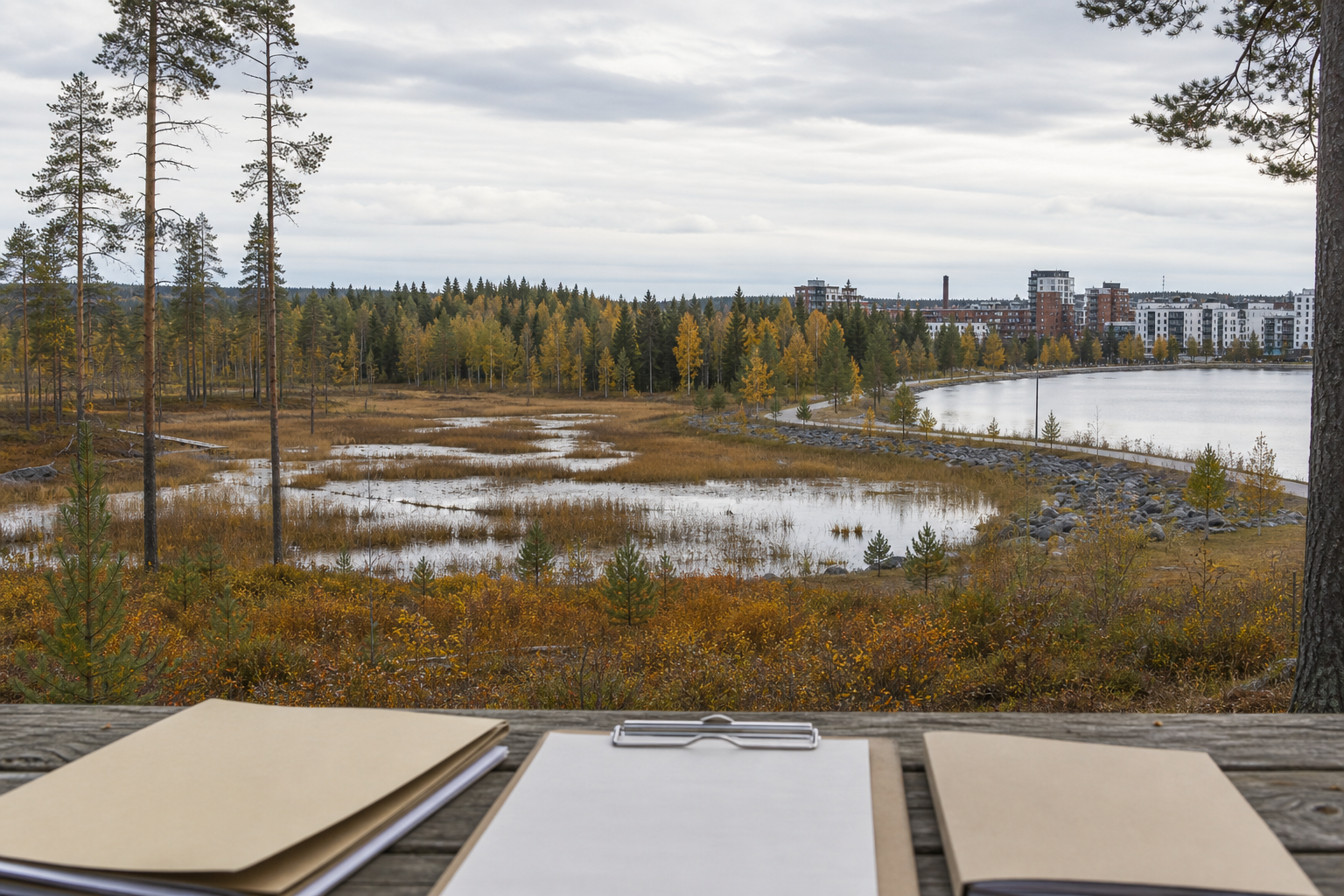 Suomalainen suo-, metsä- ja järvimaisema sekä asiakirjakansioita ulkopöydällä ennallistamisen kuvittamiseksi.