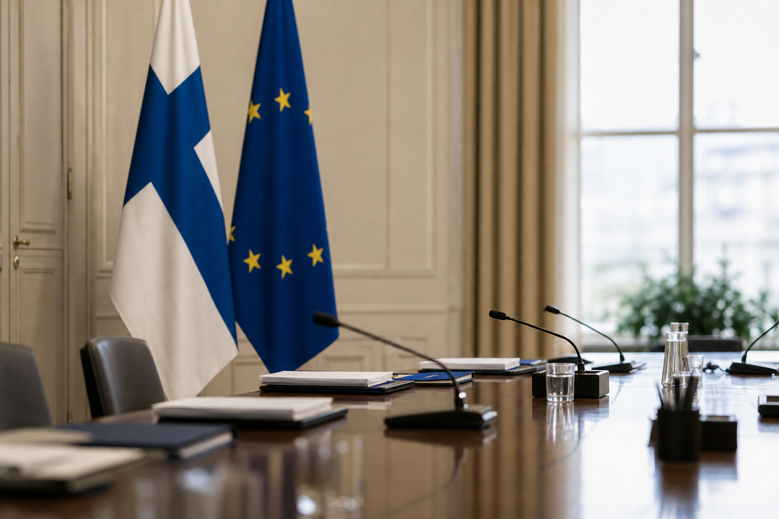 Suomen ja EU:n liput kokoushuoneessa, pöydällä asiakirjoja ja mikrofoneja.