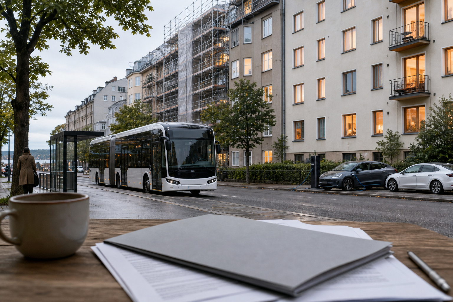 Sähköbussi, sähköautoja ja kerrostaloja kaupunkikadulla ilmasto- ja energiatukia kuvaavassa kuvituksessa.