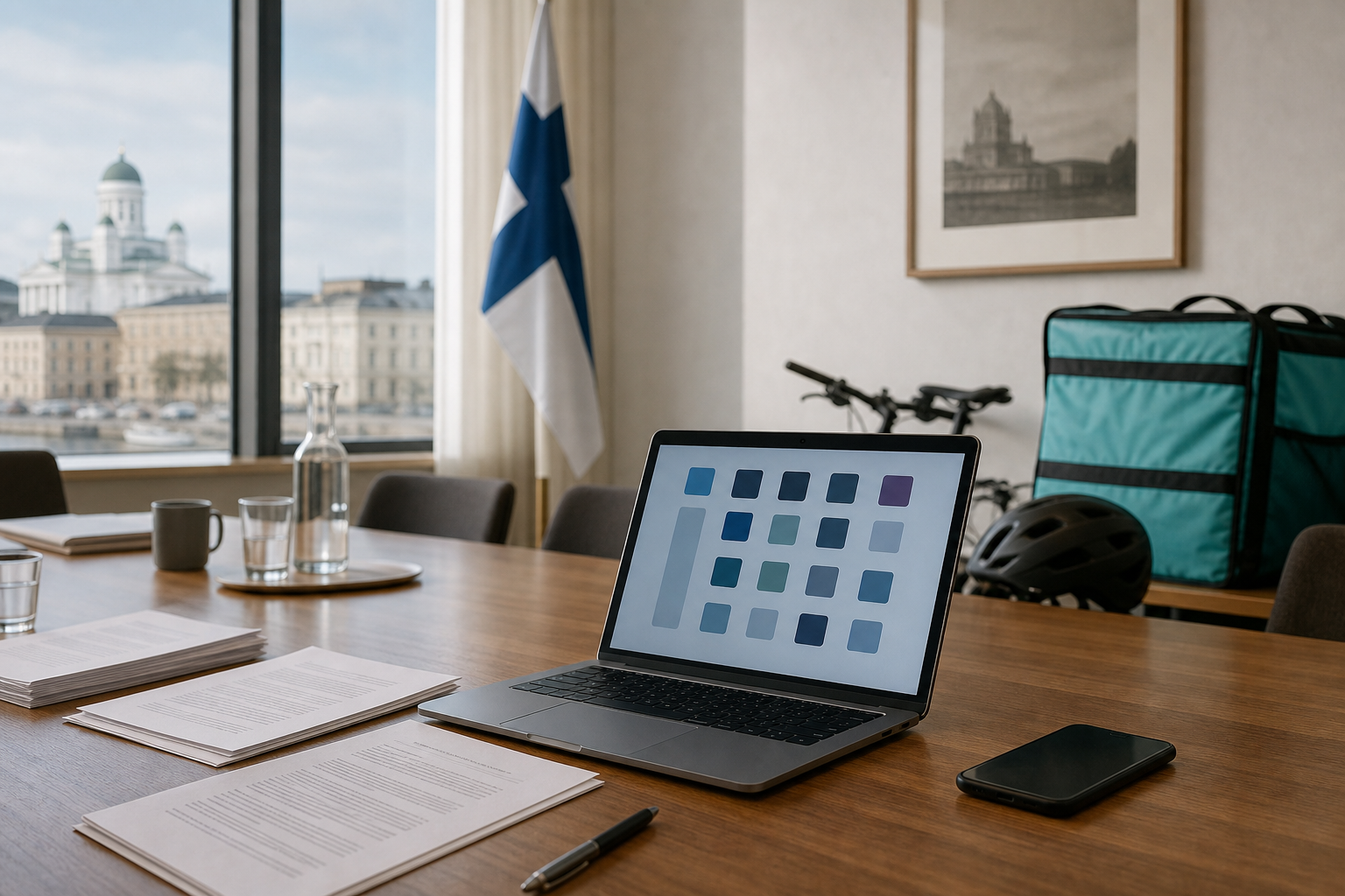 Työhuoneen pöydällä on lakipapereita, kannettava tietokone ja alustatyöhön viittaava lähettikypärä.
