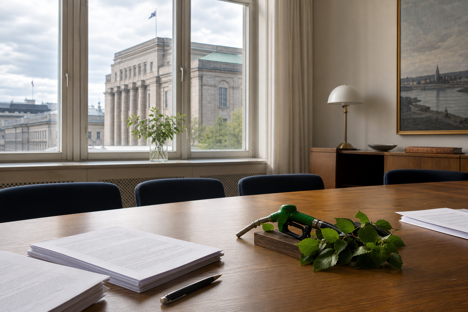 Ministeriön neuvottelupöydällä on asiakirjoja, kynä ja polttoainesuutinta kuvaava esine vihreiden lehtien vieressä.