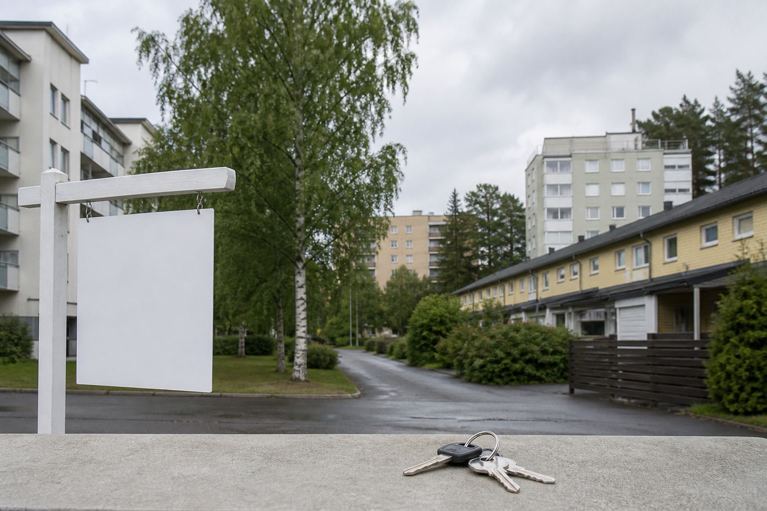 Hiljainen suomalainen asuinalue, jonka etualalla ovat tyhjä välityskyltti ja asunnon avaimet.