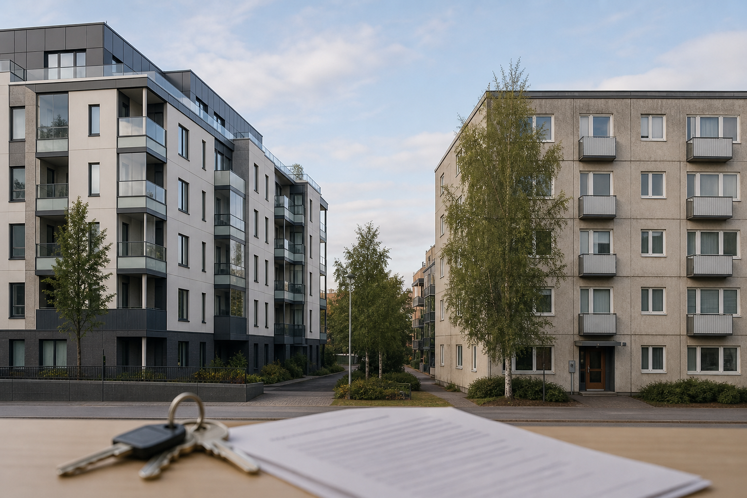 Kerrostaloja pääkaupunkiseudulla sekä avaimet ja vuokrasopimus kuvan etualalla.