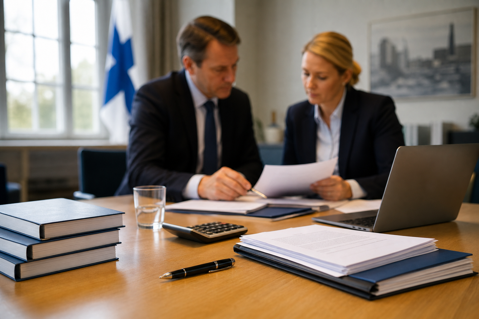Neuvottelupöydällä on asiakirjoja, laskin ja kannettava tietokone virastomaisessa kokoustilassa.